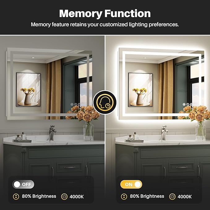 40x36 LED Lighted Bathroom Mirror, Backlit & Front Lit, Bathroom Vanity Mirror with Lights, Touch Screen Dimmable, Anti-Fog, Memory Function, HD Tempered Glass, Shatter-Proof, ETL Listed