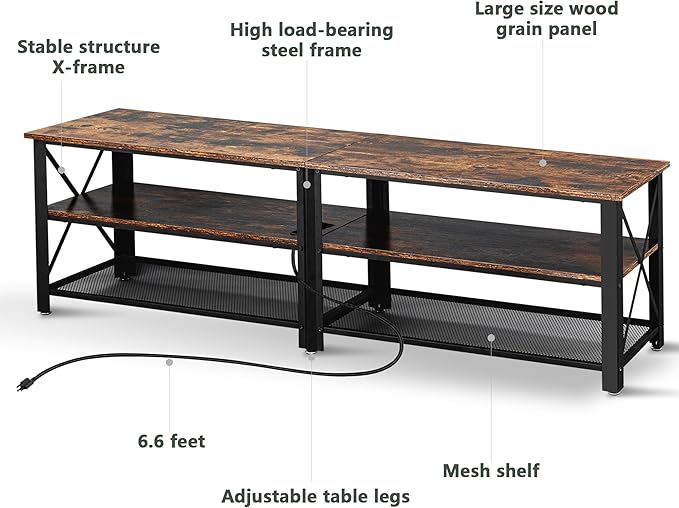 Clikuutory Modern Brown 71 inch Metal TV Stand with LED Lights and Power Outlets for 50 60 65 70 75 80 Inch TVs, 3 Tier Television Stands with Entertainment Center and Storage for Living Room, Bedroom