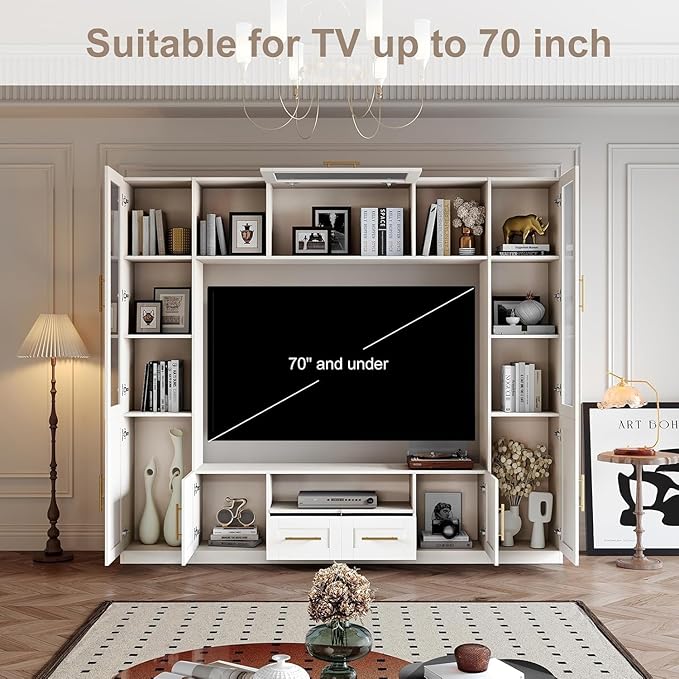 Entertainment Wall Unit, 4-Piece Large TV Stand Wall Unit Entertainment Center with Bookshelves & Storage, Wall Media Center with Shelves for TVs Up to 70", Media Console for Living Room, White.