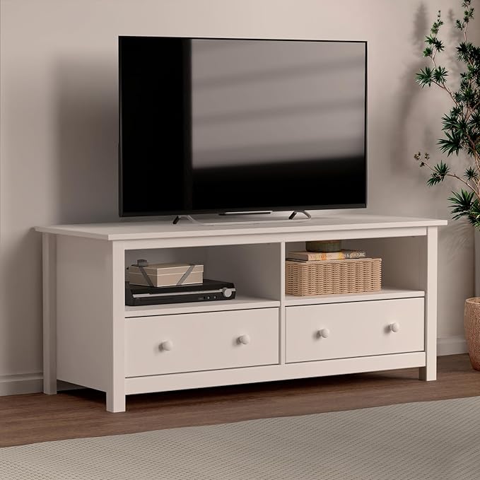 Handcrafted Solid Oak TV Stand Entertainment Center - Elegant White Media Console with Spacious Storage Drawers & Open Shelves - Sturdy Wood Cabinet Fits TVs up to 55 Inches