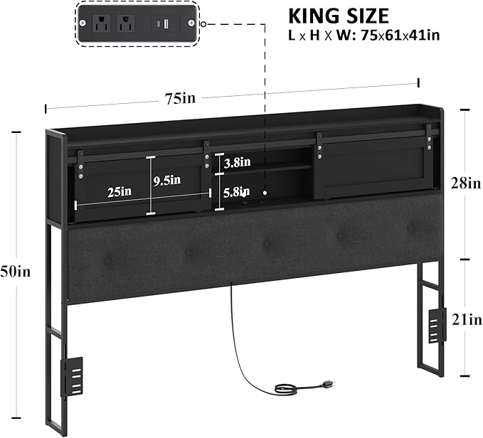 Decoholic King Size Headboard Only with Storage, Upholstered Headboard with Charging Station and LED Light, Sturdy and Stable, Easy to Assemble (Black+Barn Door, King)