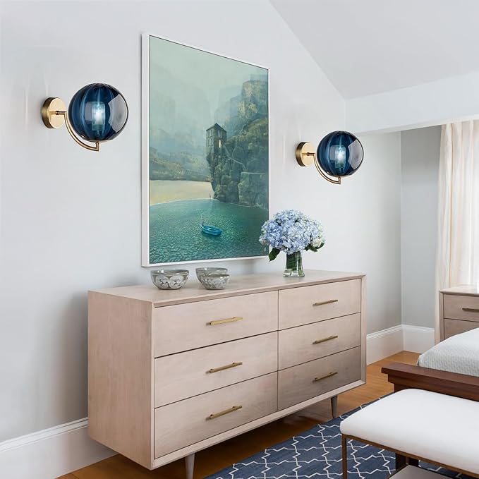 KCO Lighting Vintage Blue Glass Wall Sconce Brushed Gold Wall Sconces Mid Century Modern Globe Vanity Light Round Wall Mounted Light Fixture for Bedroom Bathroom Hallway