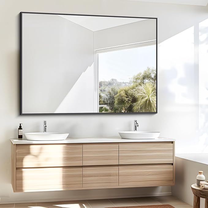 BONEWEI Bathroom Mirror,36x48 inch Large Wall Mirror for Bathroom Wall Mounted Black Rectangle Corner Mirrors,Black Bathroom Mirror for Living Room,Farmhouse,Bedroom Entryway,Horizontal/Vertical