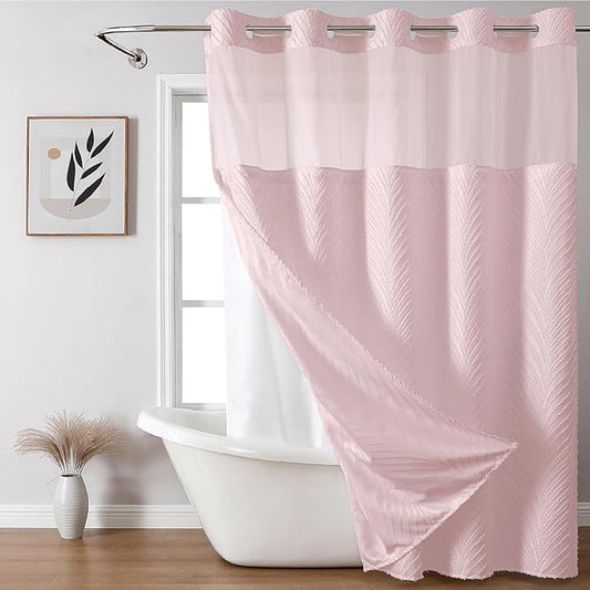 no Hook Shower Curtain and Liner Set，Boho Style with See Through Top Window, Pink Fabric Tufted Striped Textured Outer Curtain & Waterproof Inner Liner, Pink, 71Wx77H
