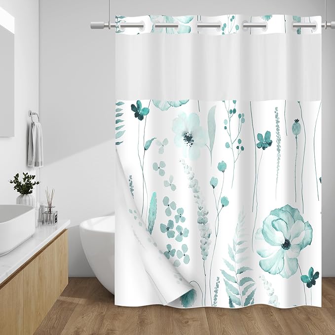 No Hook Shower Curtain with Snap in Liner - Floral Shower Curtain - Fabric Waterproof Inner Liner, Plants Watercolor Seaweed Green Modern Cloth Shower Curtains - Machine Washable, 71 x 74
