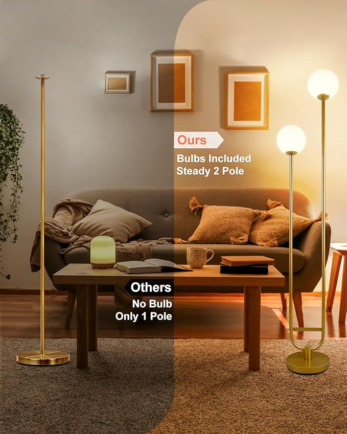 Lightdot 63IN Gold Floor Lamp with U Pole, 2 Globe Mid Century Standing Lamps with Warm White LED Bulbs, Unique Vintage Tall Floor Lamp for Living Room/Wedding/Party