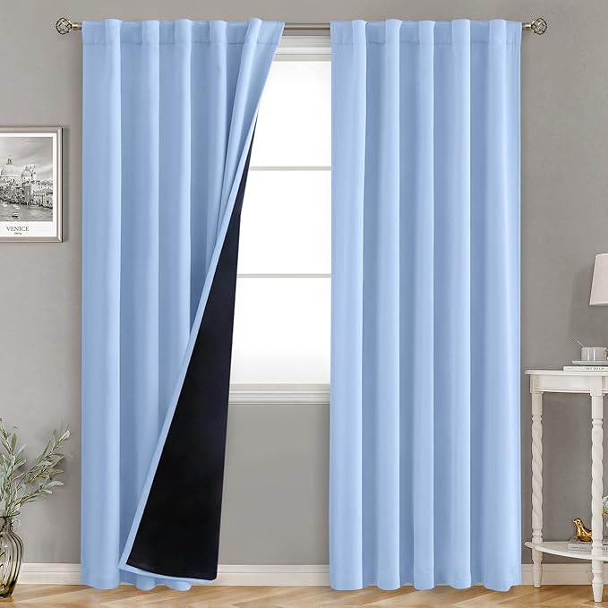 BGment Full Blackout Curtains with Thermal Insulation Liner Curtains 84 Inches Long, Rod Pocket and Back Tab Double Layer Room Darkening Window Curtain for Bedroom(42 x 84 Inch, 2 Panels, Light Blue)