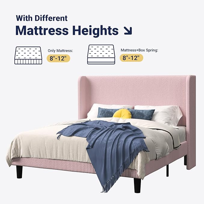 Allewie Full Size Bed Frame with Upholstered Wingback Headboard, Vertical Channel Tufted Corduroy Velvet Platform Bed, Strong Wooden Slats Support, No Box Spring Needed, Easy Assembly, Light Pink