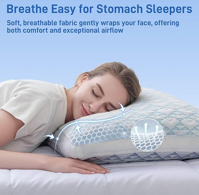 Shredded Memory Foam Cooling Soft Bamboo Viscose Pillows Queen Size Set of 2, Adjustable Hypoallergenic Hotel Quality Bed Pillows for Stomach, Back and Side Sleeper, Oeko-TEX Certified