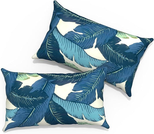 Outdoor Lumbar Pillows 12x20 inch, Rectangle Throw Pillows with Inserts, Decorative Lumbar Cushions for Patio Furniture Garden Couch Home Sofa Office Chair, Pack of 2, Swaying Palms Blue