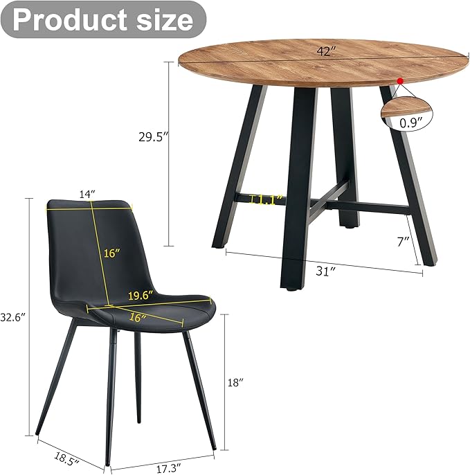 Dining Table Set for 4, Round Kitchen Table Chairs Set for 4,Modern 42" Round Wood Dining Room Table Set PU Leather Chairs for Small Space Apartment Kitchen Living Office