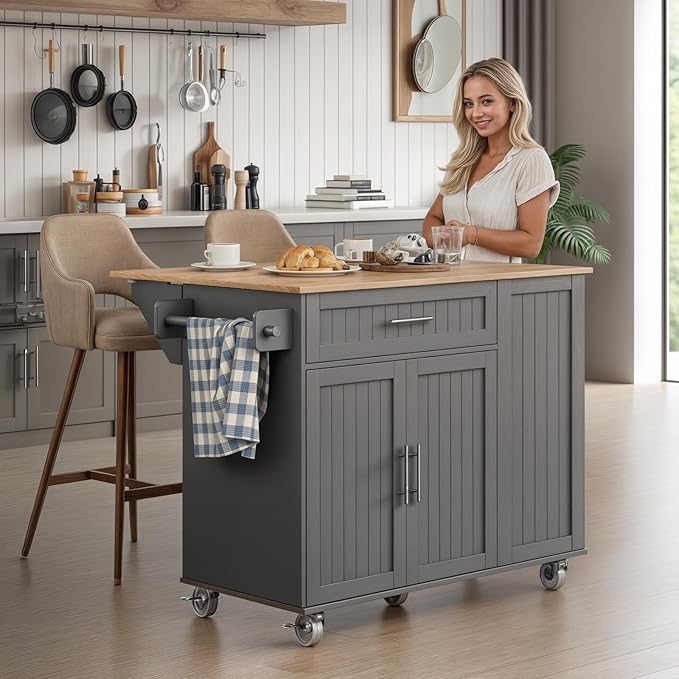 Kitchen Island with Storage & Drop Leaf - 43.3" Mobile Kitchen Cart with Wheels, Rolling Kitchen Island with Trash Bin Cabinet & Towel Rack, Rubberwood Top, Grey Island for Kitchen