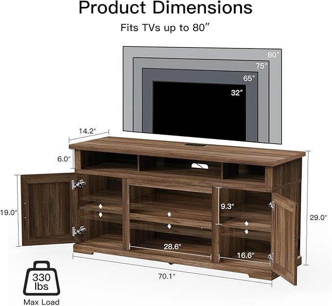Marsail Modern Farmhouse TV Stand, Entertainment Center with Storage Cabinets, Adjustable Shelves and Power Outlets for Televisions up to 80 Inch, TV Console Table for Living Room, Brown