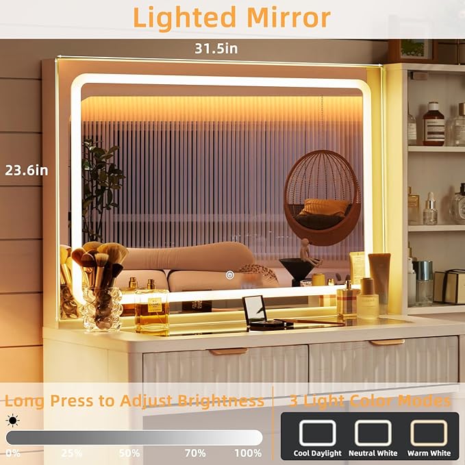 LEYAOYAO White Vanity Desk with Mirror and Lights with Stool, 43.5'' Fluted Makeup Vanity with 6 Drawers and Adjustable Shelves,Wood Make Up Vanity Set with Glass Top and Power Outlet for Bedroom