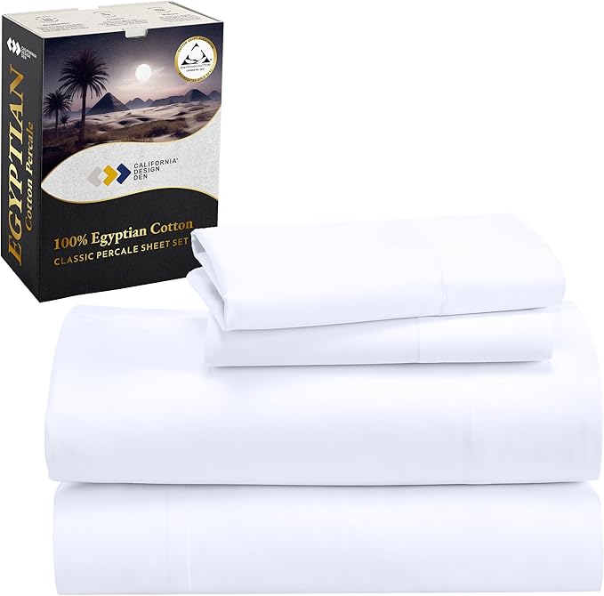 California Design Den Deep Pocket California King Sheet Set - Certified 100% Egyptian Cotton Bed Sheets, Crisp Percale, Cool & Durable Luxury Bedding Set - White