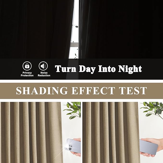 Vision Home Brown Pinch Pleated Full Blackout Curtains Linen Blended Room Darkening Window Curtains 95 inch for Living Room Bedroom Thermal Insulated Pinch Pleat Drapes with Hooks 2 Panel 40" Wx95 L