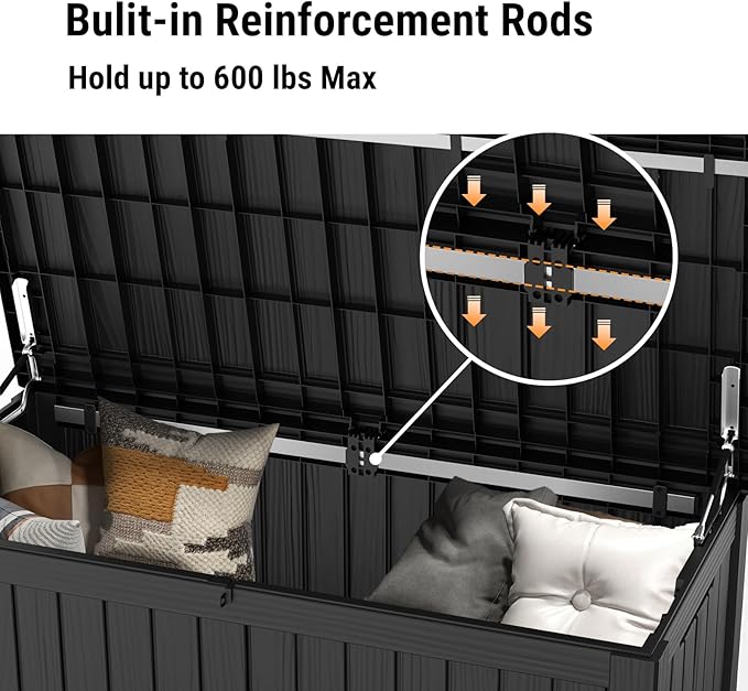 Mars Villa 119 Gallon Outdoor Storage Box Waterproof, Large Resin Deck Box for Pool Supplies Storage, Outdoor Patio Furniture Cushions, with Hydraulic Hinge, UV-Resistant and Weatherproof, Black