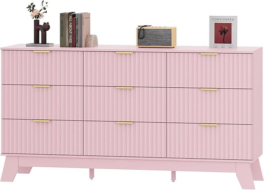 Fluted Dresser for Bedroom with 9 Drawers, 57" Mid Century Modern Dresser of Closet TV Stand, Nature Wood Dressers with Gold Handle, Boho Closet Wide Modern Chest of Drawers, Pink
