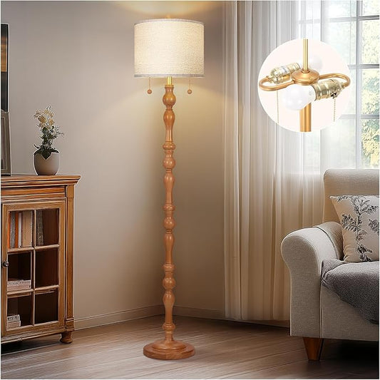 65.5" Natural Real Wood Floor Lamp with S Cluster Pull Chains Dual Switch,Wood Base Tall Lamp,Farmhouse Standing Lamp for Living Room,with Linen Shade,Floor Lamp for Living Room,Bedroom(Bulb Included)