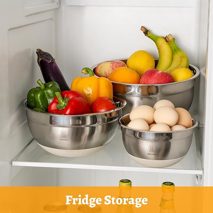 ROYDX Stainless Steel Mixing Bowls With BPA Free Airtight Lids &3 Grater Attachments,Non-Slip Bottoms- 33% Thick Metal Nesting Bowls for Mixing & Serving