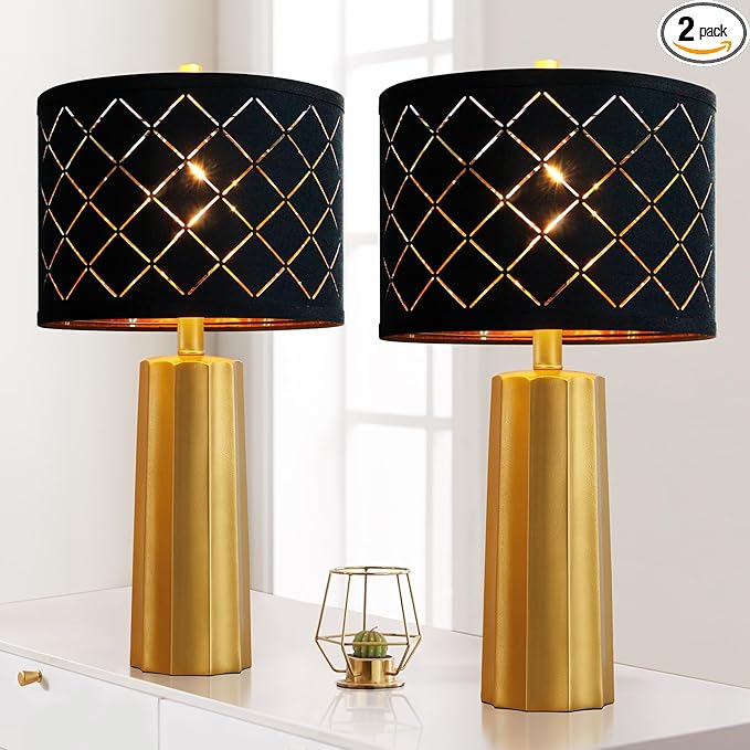 RORIANO Set of 2 Modern Table Lamps for Living Room Bedroom, Gold Nightstand Resin Lamps with Black Grid Shade, Contemporary Desk Lamps for Bedside End Tables, 2 Bulbs Included (Gold)