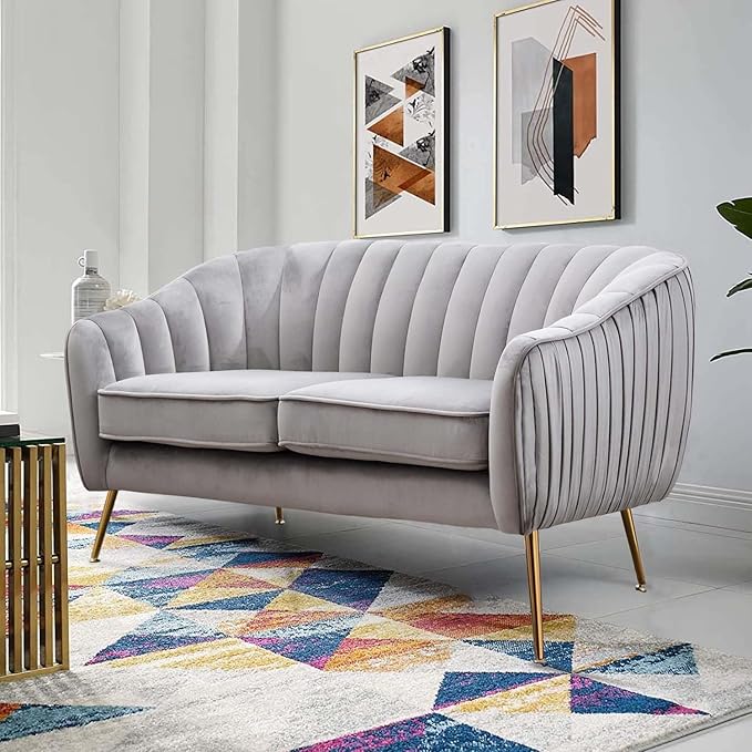 Velvet Couch Sofa Chairs for Two People, Modern Loveseat for Living Rooms, Bedrooms, Small Spaces, Golden Finished, Grey