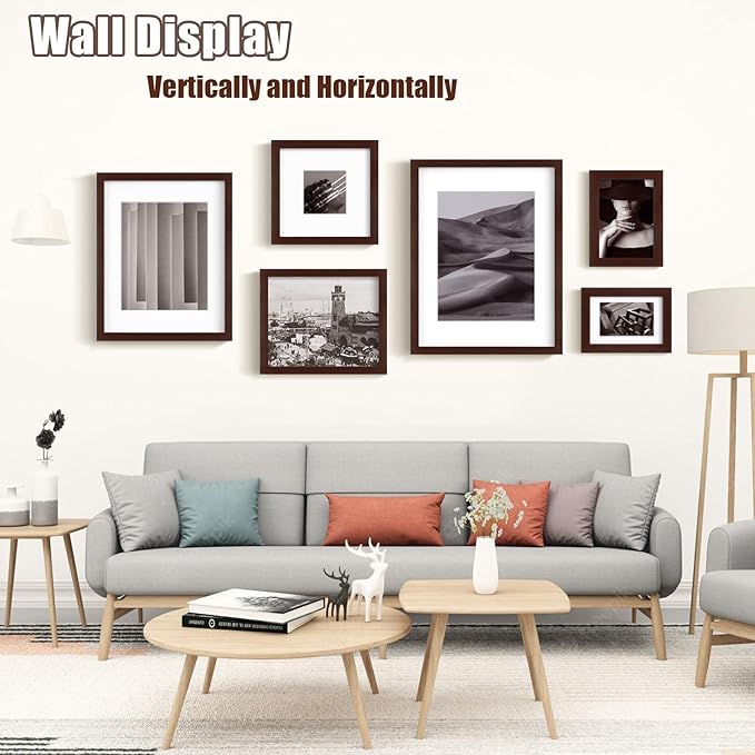 Egofine 11x14 Picture Frame Made of Solid Wood with Plexiglass, Display Pictures 5x7/8x10 with Mat or 11x14 Without Mat for Tabletop and Wall Mounting, Walnut Color