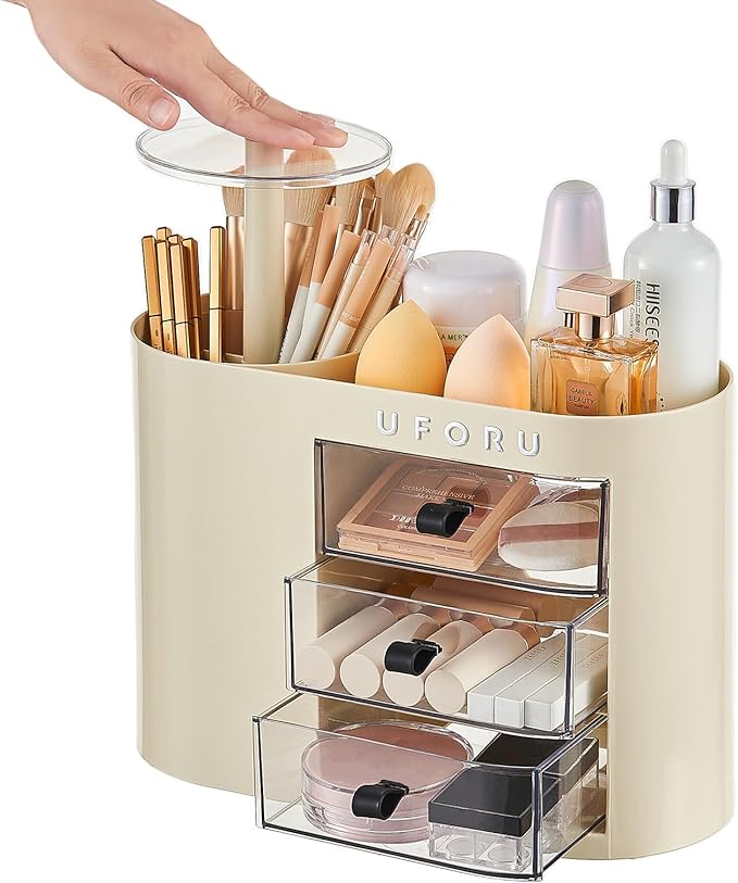 Makeup Organizer with Pop-Up Brush Holder for Dresser Vanity, Plastic Bathroom Counter Organizer with 3 Drawers & Dust-Proof Cover, Cosmetic Display Case for Lipstick, Skincare, Cream White