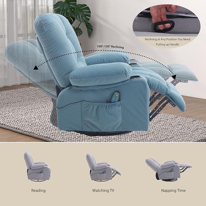 Rocker Recliner Chair for Adults, Recliners with Massage and Heat, Fabric Overstuffed Swivel Glider with Cup Holder Side Pocket, Manual Reclining Sofa Chair for Living Room,Blue