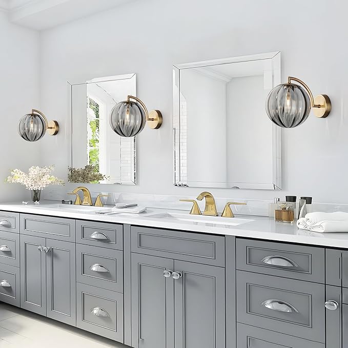 KCO Lighting 1-Light Smoked Glass Wall Sconces Brushed Brass Wall Sconce Light Gold Globe Wall Light Fixtures Vintage Bathroom Wall Lamp Modern Round Wall Sconce