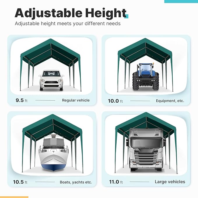 ADVANCE OUTDOOR 10x20 ft Heavy Duty Carport Potable Car Canopy Garage Party Tent Boat Shelter, Adjustable Height, with Leg Cloth, Green
