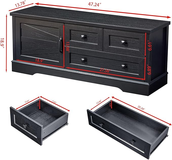 LIDYUK 3 Drawer Black Dresser for Bedroom Farmhouse Dresser Chest of Drawers, 48" End of Bed Storage Bench Wide Chest of Drawers for Bedroom, Living Room