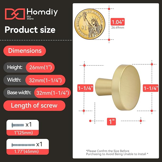 homdiy 40 Pack Gold Cabinet Knobs Round Brushed Brass Kitchen Handles Zinc Alloy Metal Hardware for Dresser Drawer Desk Cupboard
