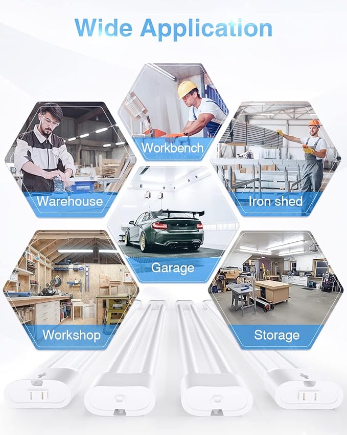 Ensenior 4 Pack Linkable Led Shop Light 4ft for Garage, 4400 High Lumens, 36W Equivalent 280W, 5000K Daylight, 48 Inch Utility Surface or Hanging Mount Fixtures, White, ETL Certified