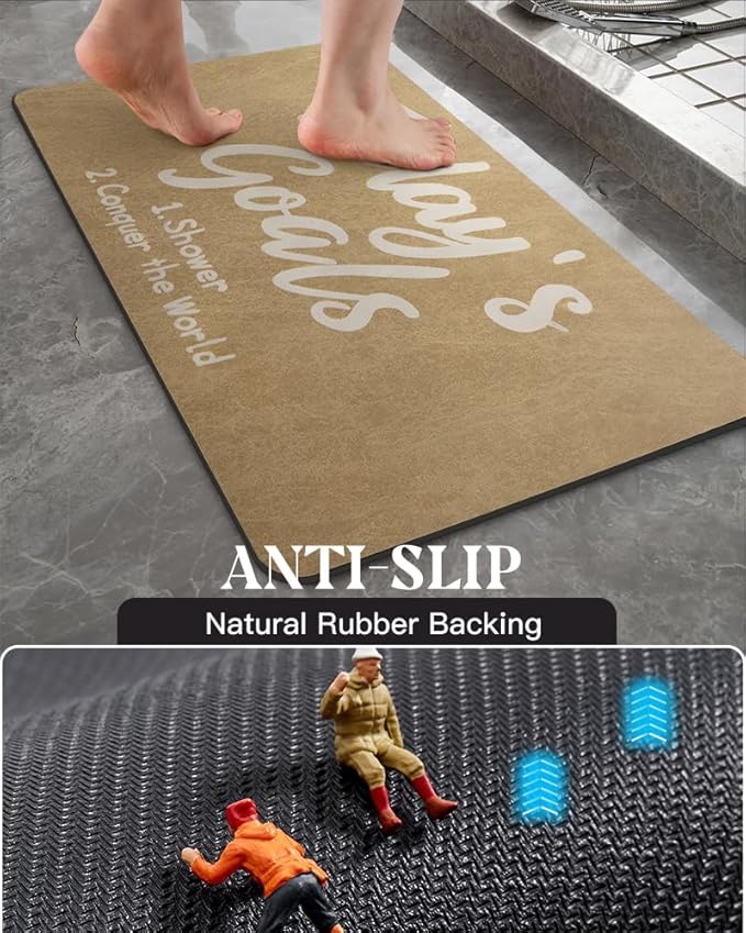 MontVoo -Bath Mat Rug- Non Slip Quick Dry Absorbent Thin Bathroom Rugs Fit Under Door-Faux Suede Surface Bathroom Floor Mats-Shower Rug for in Front of Bathtub Shower 16"X24" Camel Text Pattern
