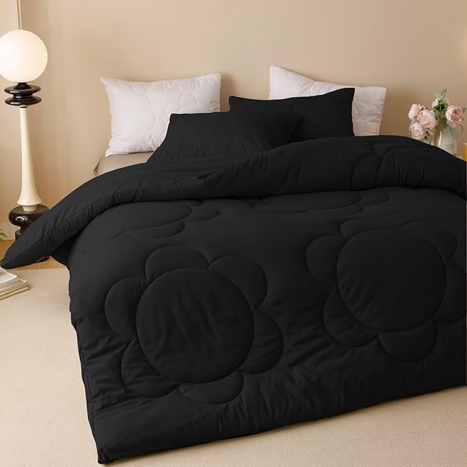 Luxlovery Black Comforter Set Full Sunflower Quilted All Black Bedding Comforter Set Boho Chic Solid Plain Color Soft Breathable Blanket Quilts Women Men Farmhouse Bedding Set for Full Bed