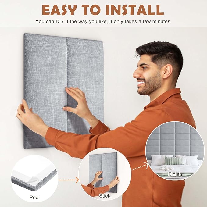 IFNOW Upholstered Wall Mounted Headboard, 3D Soundproof Wall Panels Peel and Stick for Queen Size, Reusable and Removable Tufted Bed Headboard in Light Grey (6 Panels, 10" x 24")