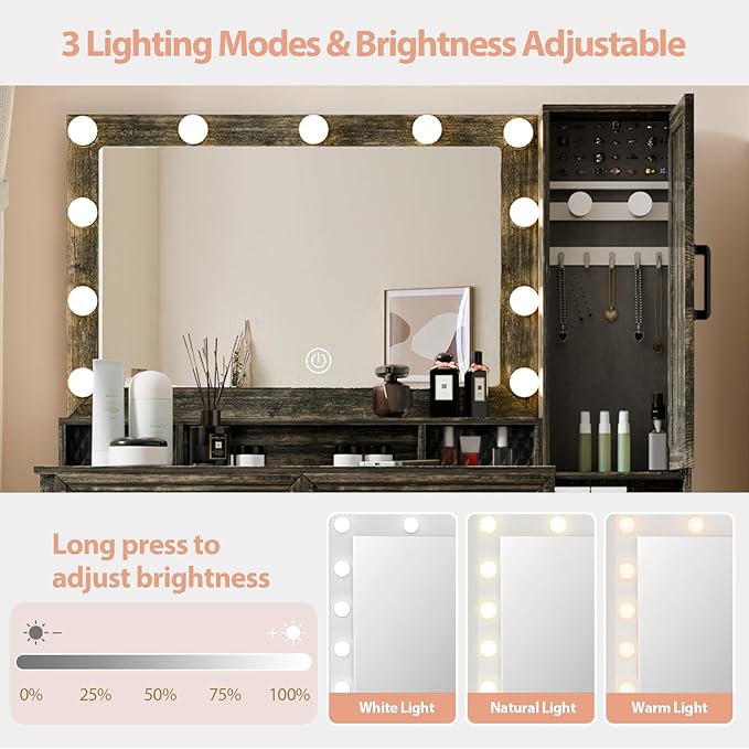 Farmhouse Makeup Vanity, Vanity Desk with Square Mirror, Tricolor Lighting Adjustment & Built-in Charging Station, Multi-Functional Wood Vanity with 2 Drawers & Open Storage Space, Brown