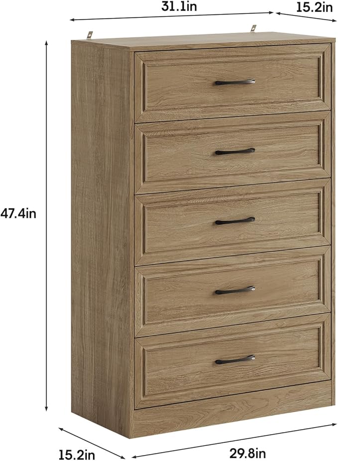 Fameill Dresser for Bedroom, 5 Drawer Tall Dresser Organizer, TV Stand for Livingroom, Chest of Drawers with Metal Handles, Oak