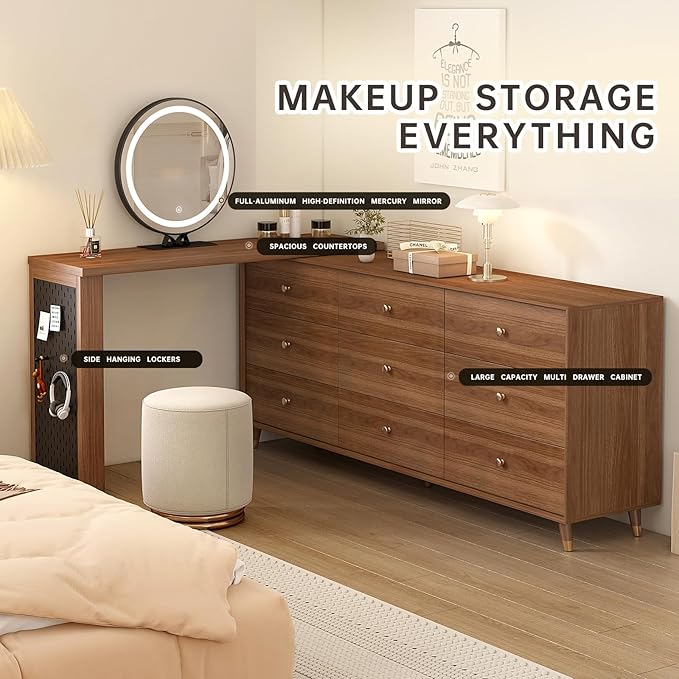 Makeup Vanity Desk Set with Full Aluminum HD Lighted Mirror and Stool, 70-110in Extendable Modern Vanity Table, 9-Drawer Solid Wood Frame Chest, Dressing Table for Bedroom, Brown