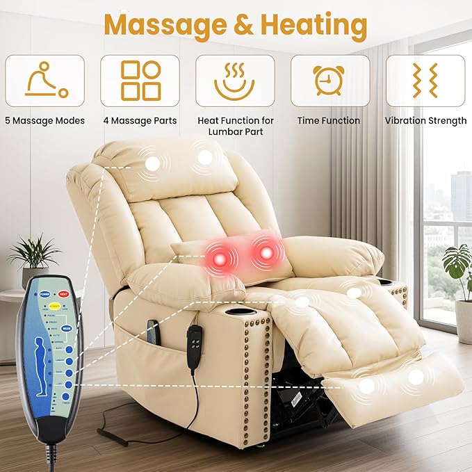 PARKOL Large Genuine Infinite Position Leather Power Lay Flat Lift Studded Recliner Chairs for Elderly, Dual Motor with Massage and Heating,Extended Footrest, USB&Type-C Port Remote,Cup Holder, Beige