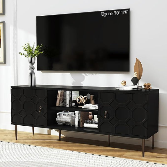 Modern TV Stand for 65/70inch TV, Entertainment Center with Storage Cabinet and Open Shelves, Embossed Pattern TV Stand, TV and Media Console for Living Room, Bedroom, Black