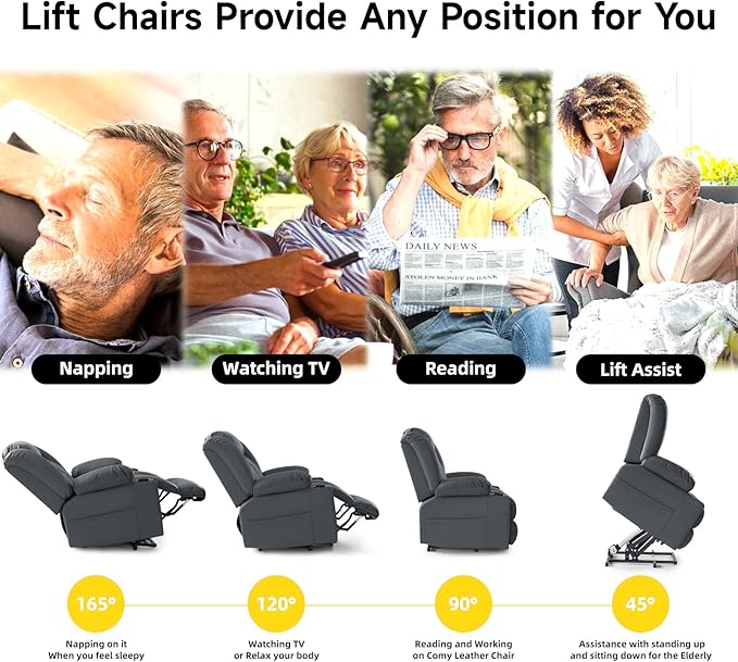 Large Power Lift Chairs Recliners for Big and Tall Elderly, 3 Position Lift Recliner Chair with Extended Footrest, Heating and Massage, USB-A USB-C, Cup Holder, Side Pocket, Grey