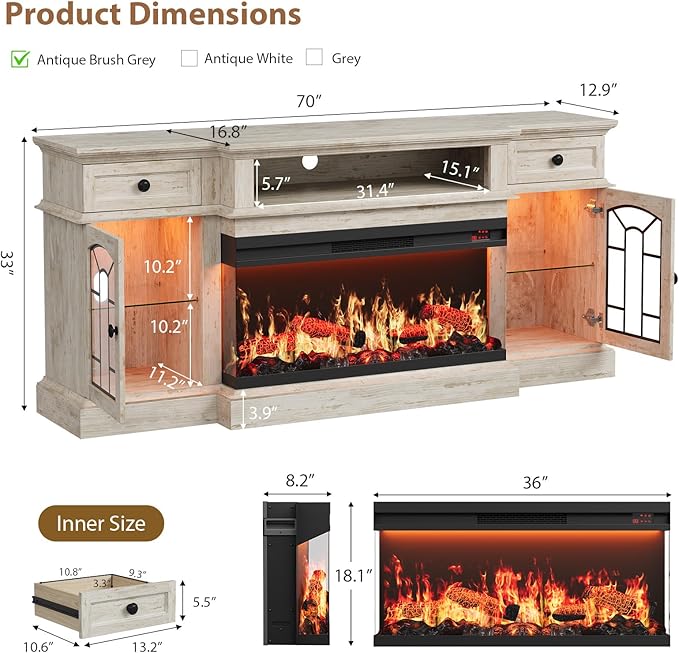 QUW 70" Farmhouse Fireplace TV Stand for TVs up to 80", Entertainment Center with 36" 3-Side Glass Electric Fireplace with Open Shelf and Cabinet, TV Console for Living Room, Antique Brush Grey