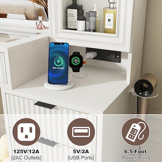 55" Fluted Makeup Vanity Desk with Large Mirror and Lights, Modern Glass Top Big Vanity Table with 9 Drawers & Open Storage Shelves, Dressing Table w/Charging Station for Bedroom, White