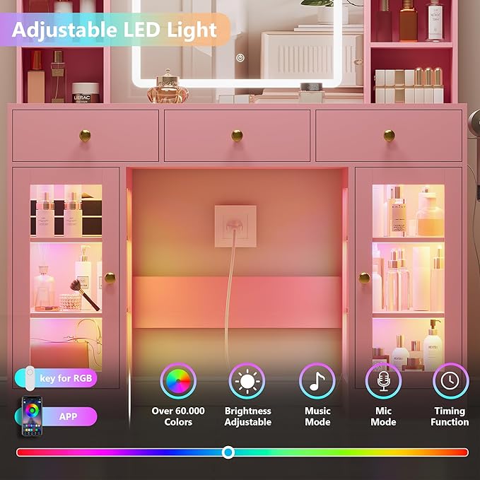 Pink Vanity Desk with Mirror and Lights, Glass Top Vanity with Lighted Mirror & RGB Cabinet and 3 Drawers, Dressing Table with 8 Shelves, Makeup Desk with Lights for Girls Bedroom, 3 Color Modes