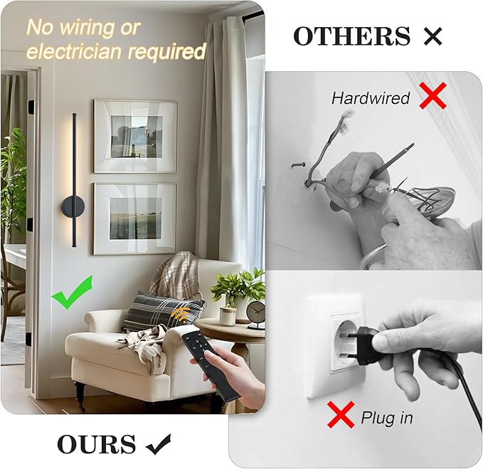 Battery Operated Modern Wall Sconces, Dimmable Wireless Wall Light Set of Two with Remote Control, 3 Color Temperatures, Rechargeable LED Wall Sconce for Bedroom, Living Room, Hallway, 27.6 Inch Black