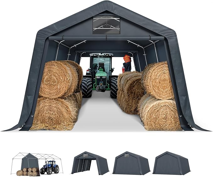 PHI VILLA 13'X22'X9.6' Outdoor Portable Storage Shelter Shed Garage with Roll up Zipper Doors & Vents Carport for Motorcycle Waterproof and UV Resistant Anti-Snow Portable Garage Kit Tent, Gray