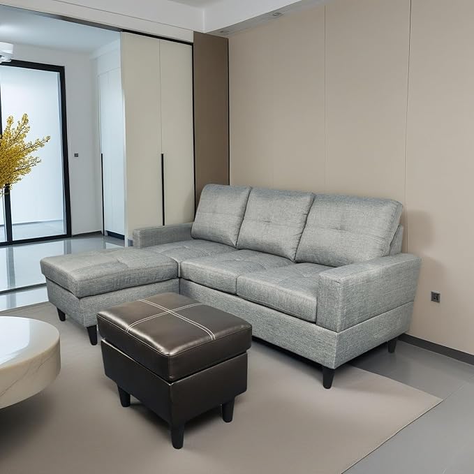 L Shaped Sofa with Ottoman, Modern Faux Leather Couch with Chaise, 3 Seat Living Room Sofa Set with Solid Wood, for Home, Apartment, Study Room, Brown Grey