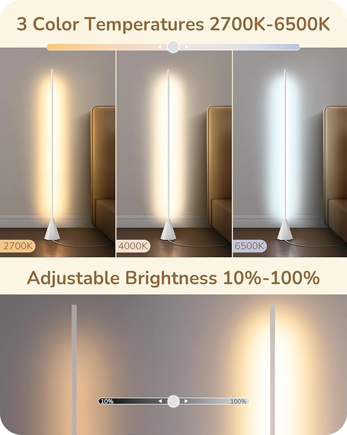 EDISHINE New Gesture Control Floor Lamp, LED Dimmable Motion Corner Light, 2700K-6500K Eye Caring Standing Lamps with Remote Control, Modern Minimalist Lit Lamp for Bedroom, Living Room, Office, White